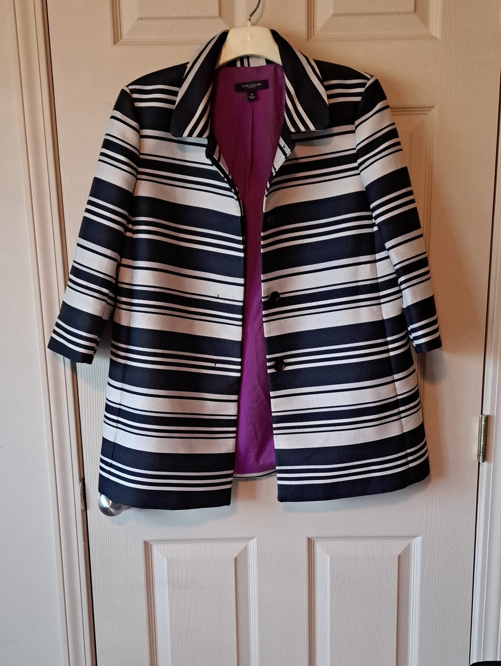 Ann Taylor Navy and White Striped Peacoat with Purple Lining